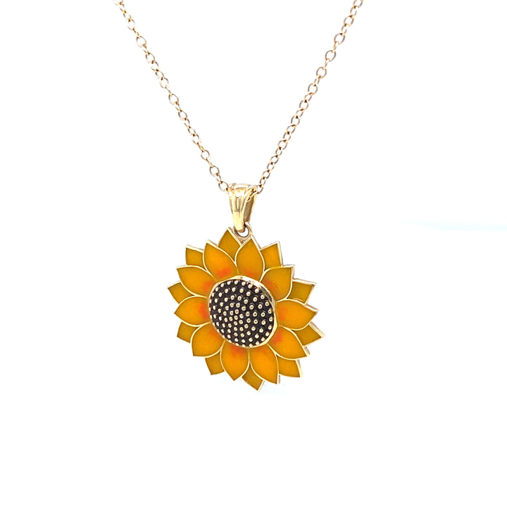 14K Yellow Gold Sunflower Enamel Pendant Necklace