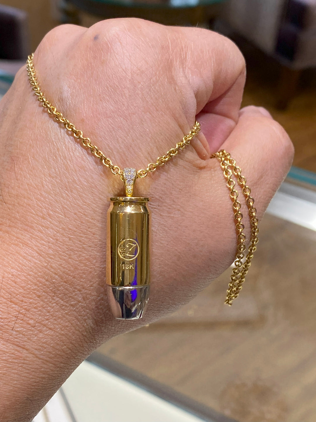 18K Gold and Platinum Bullet Pendant Necklace with Diamonds