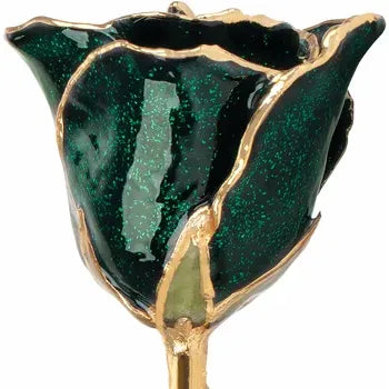 Lacquered Sparkle Emerald Colored Rose with Gold Trim