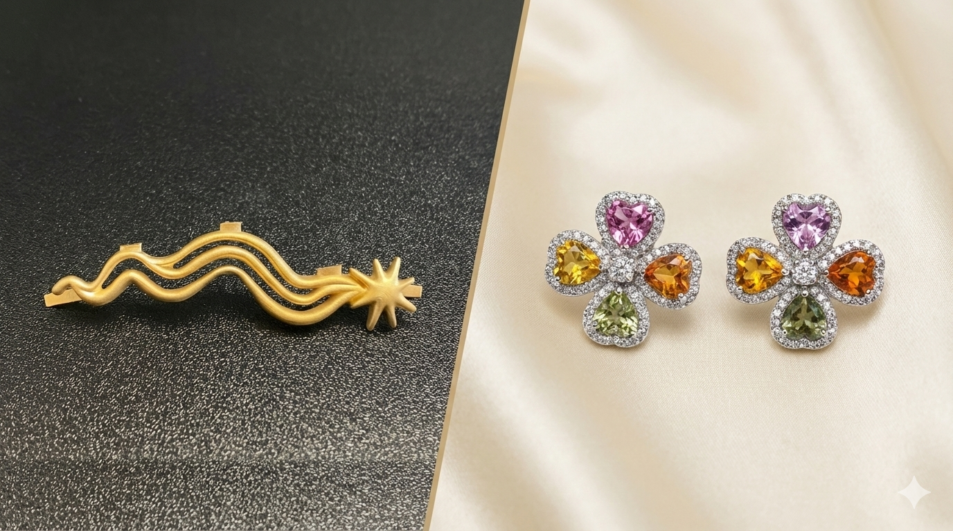 Custom jewelry replication examples: Raw bronze casting for handbag repair and perfect match sapphire earrings by Couture Jewelry NYC.