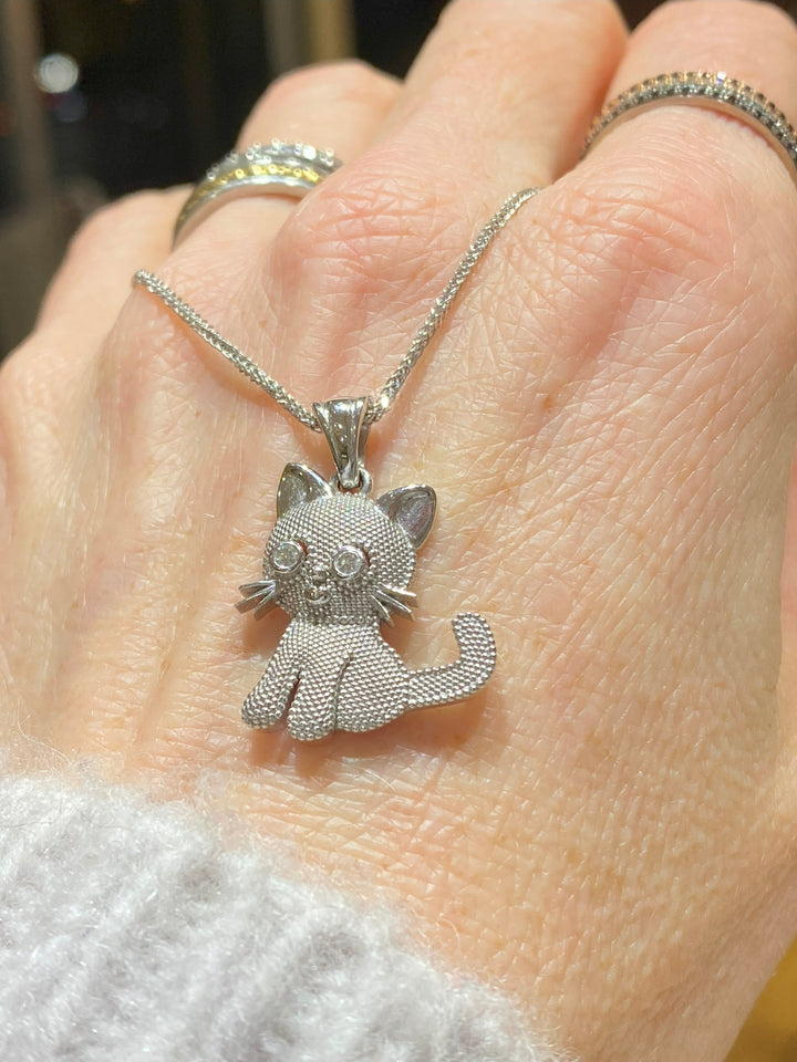 Adorable 14K White Gold Kitty Pendant Necklace with Diamond Eyes