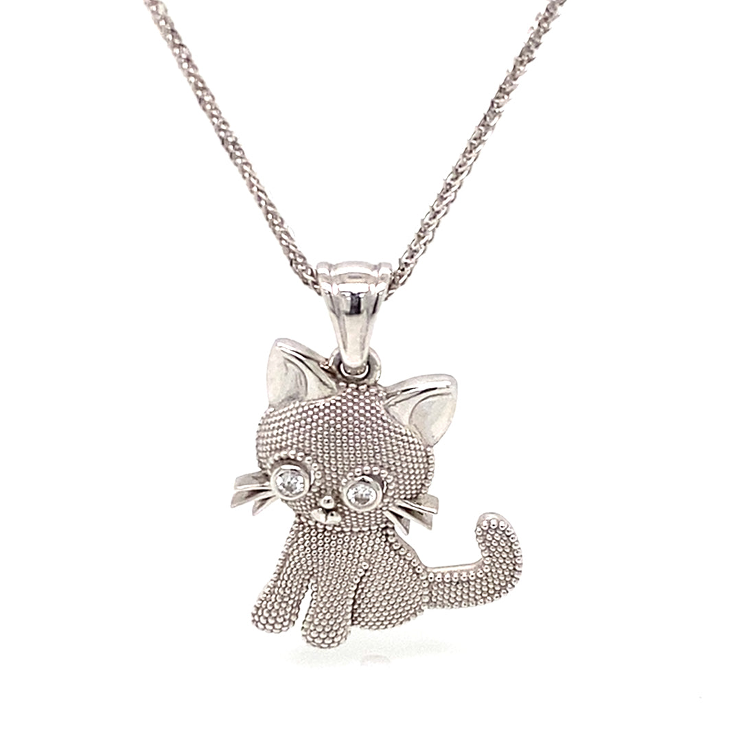 Adorable 14K White Gold Kitty Pendant Necklace with Diamond Eyes