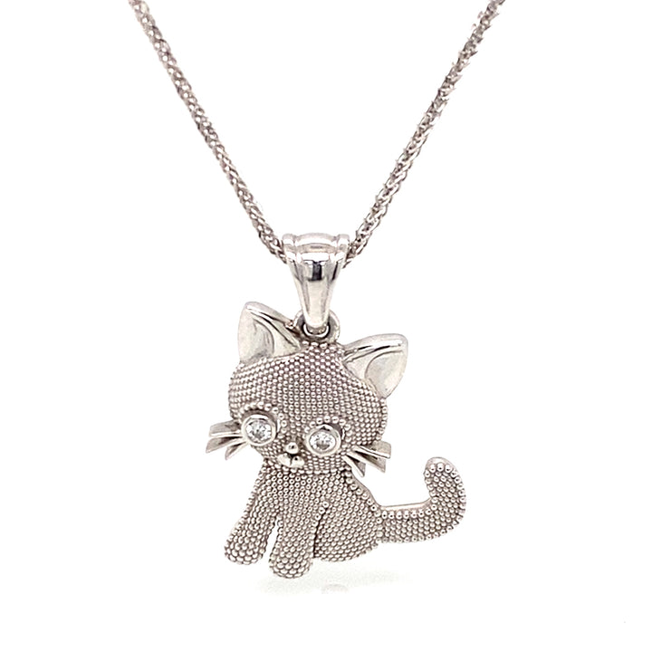 Adorable 14K White Gold Kitty Pendant Necklace with Diamond Eyes