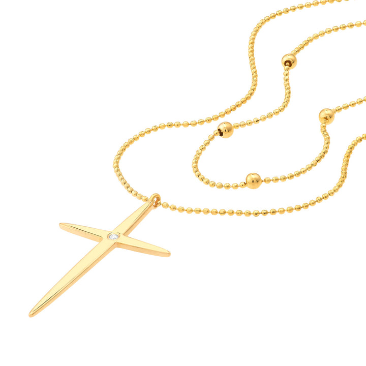 14K Yellow Gold Bead & Diamond Cross Duo Necklace