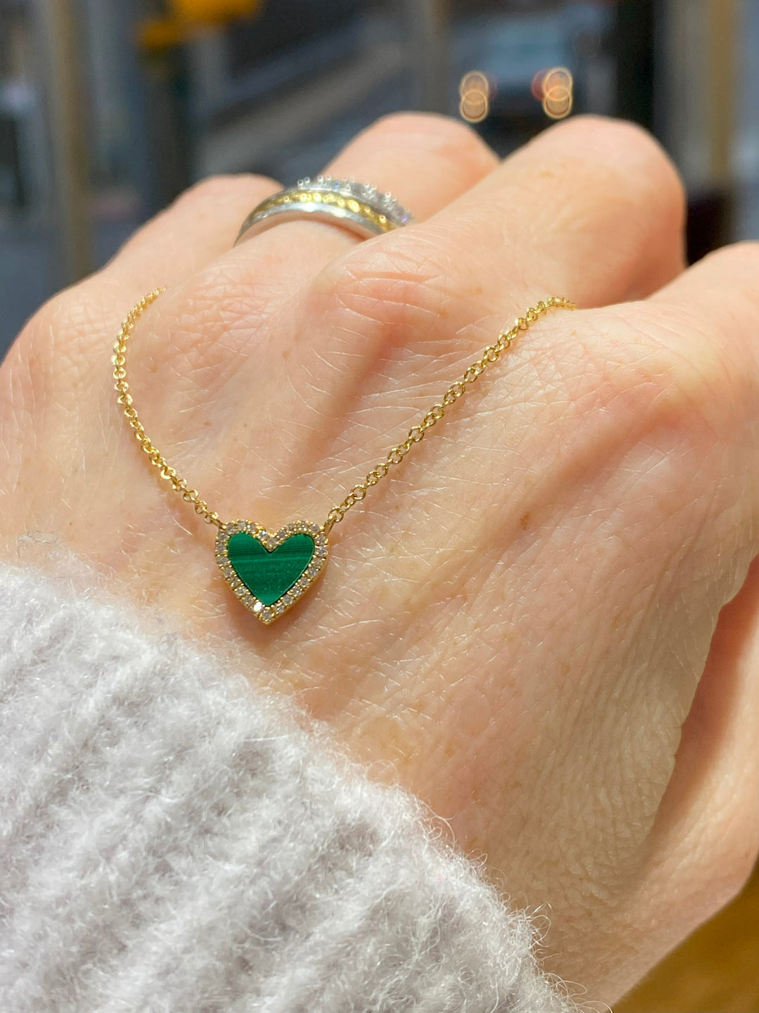 14KY Diamond Malachite Heart Necklace