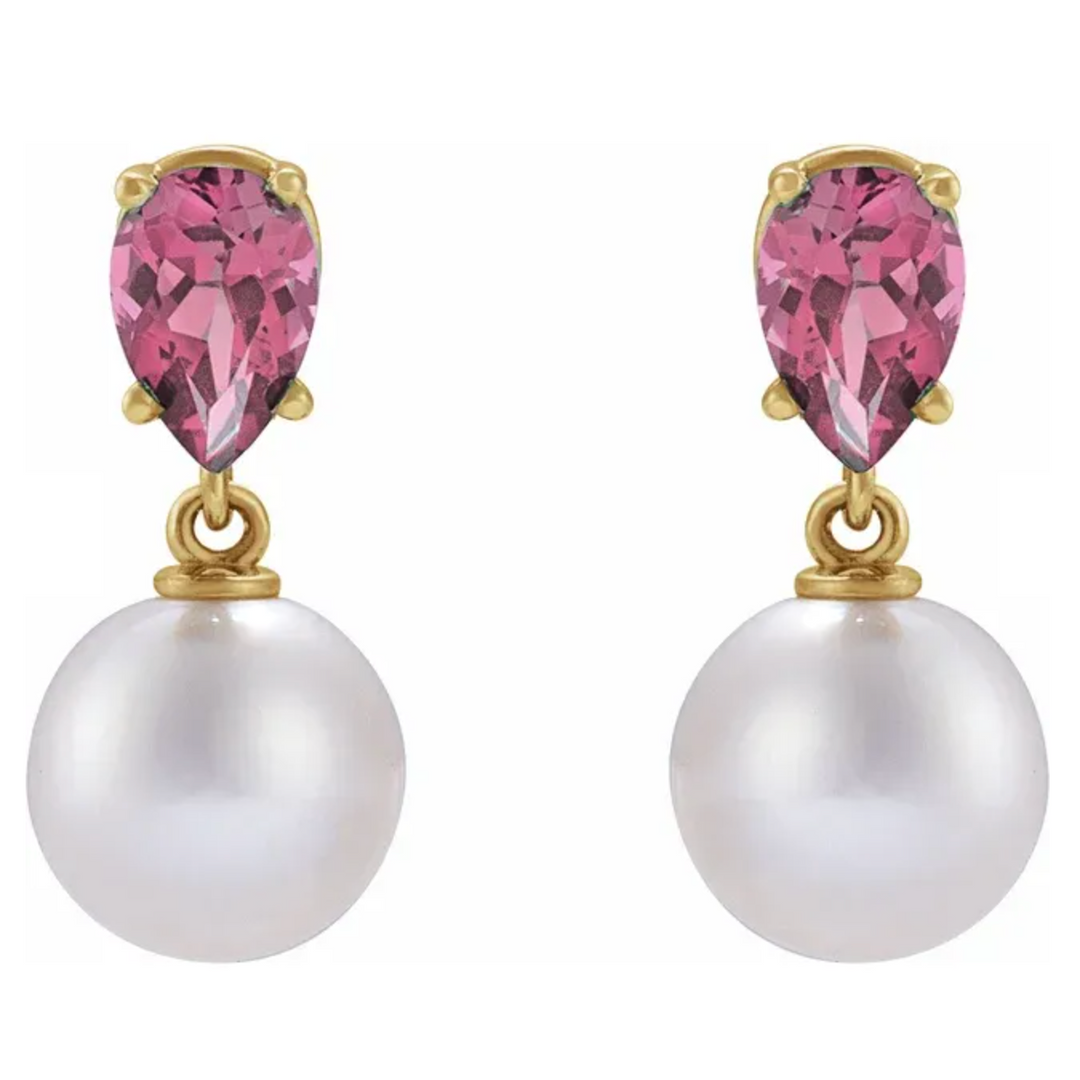 White Akoya Pearl & Natural Pink Tourmaline Earrings, 14K Yellow