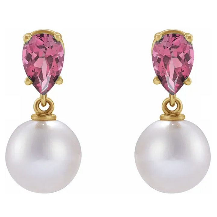 White Akoya Pearl & Natural Pink Tourmaline Earrings, 14K Yellow