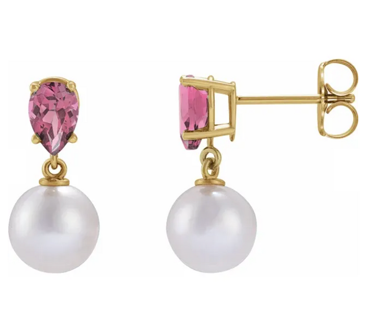 White Akoya Pearl & Natural Pink Tourmaline Earrings, 14K Yellow