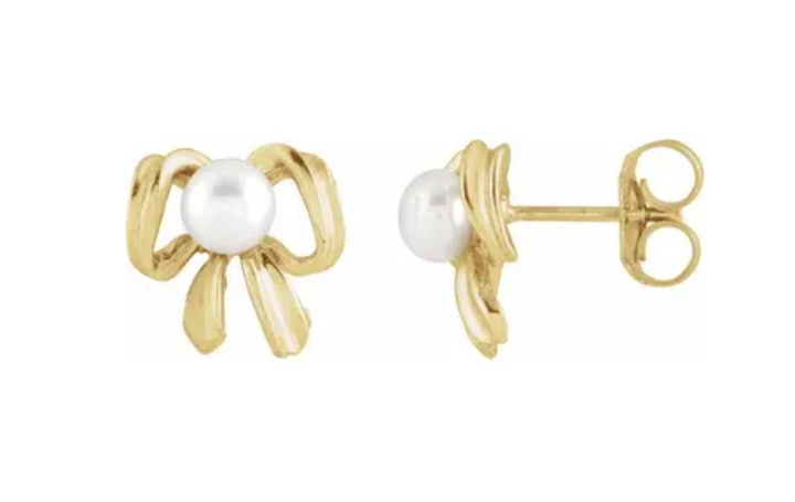 White Freshwater Pearl Earrings, 14K Yellow