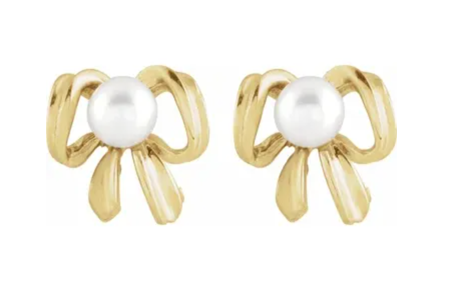 White Freshwater Pearl Earrings, 14K Yellow