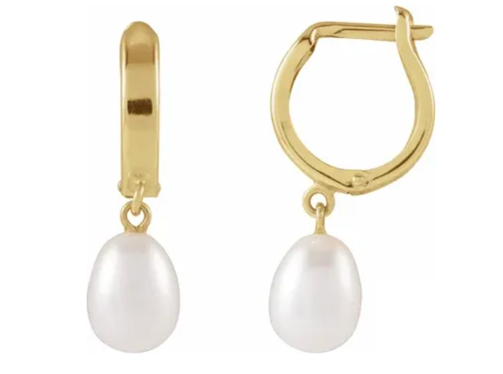 White Freshwater Pearl Hoop Earrings, 14K Yellow