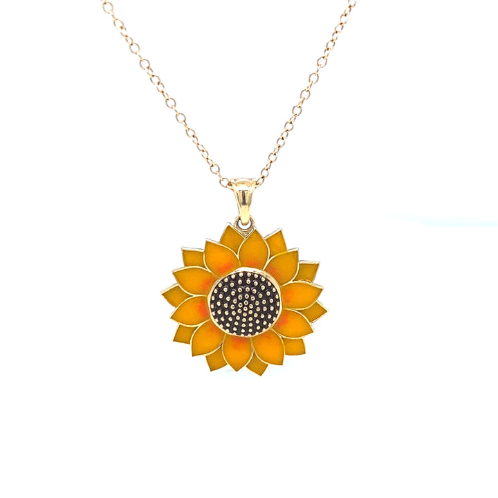 14K Yellow Gold Sunflower Enamel Pendant Necklace