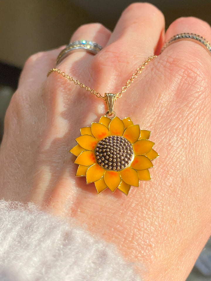 14K Yellow Gold Sunflower Enamel Pendant Necklace