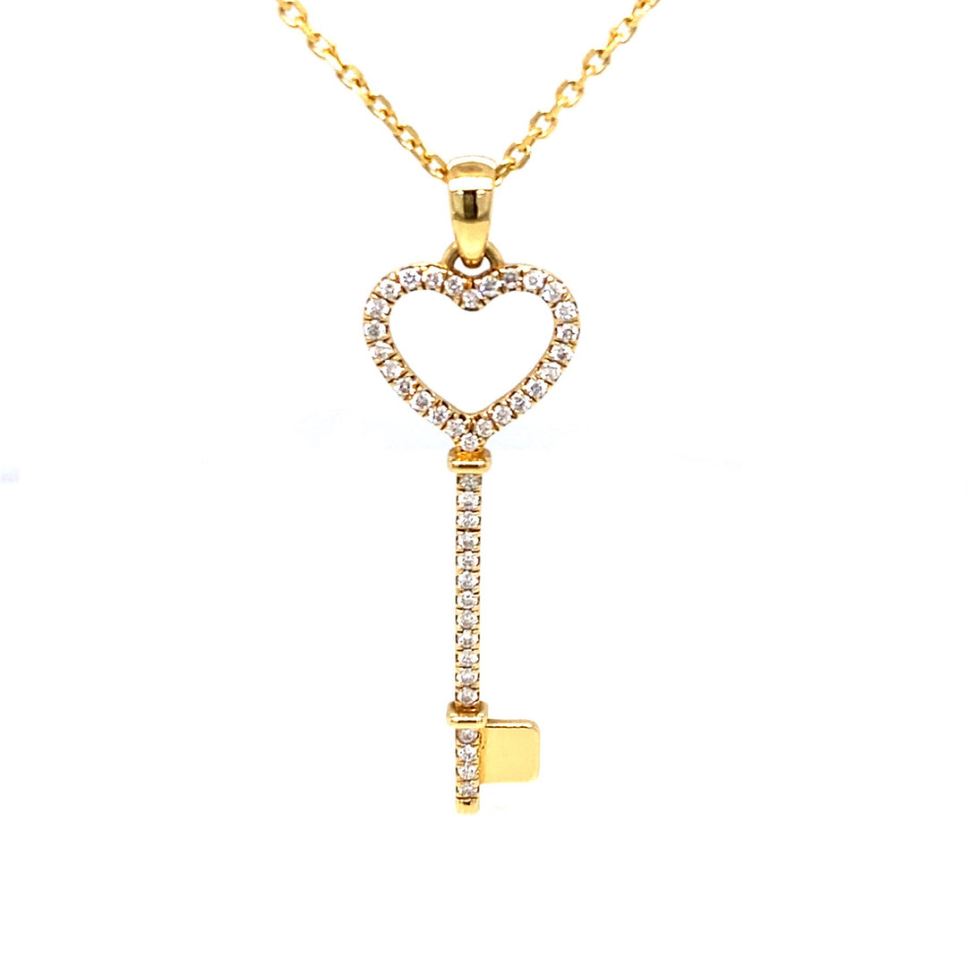 Elegant 18K Gold Diamond Heart Key Pendant