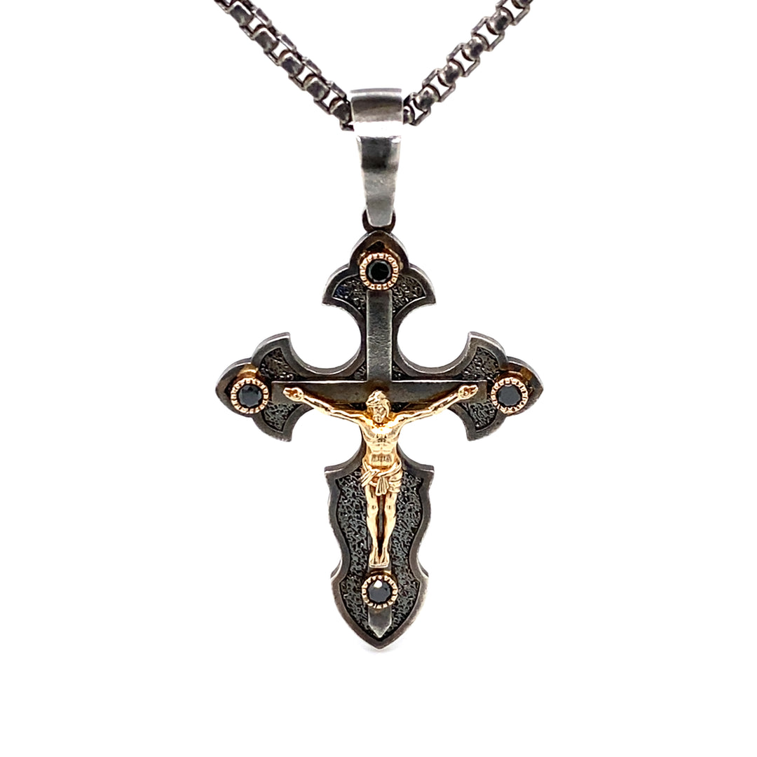 Sterling Silver & 14K Yellow Gold Crucifix Pendant with Black Diamonds