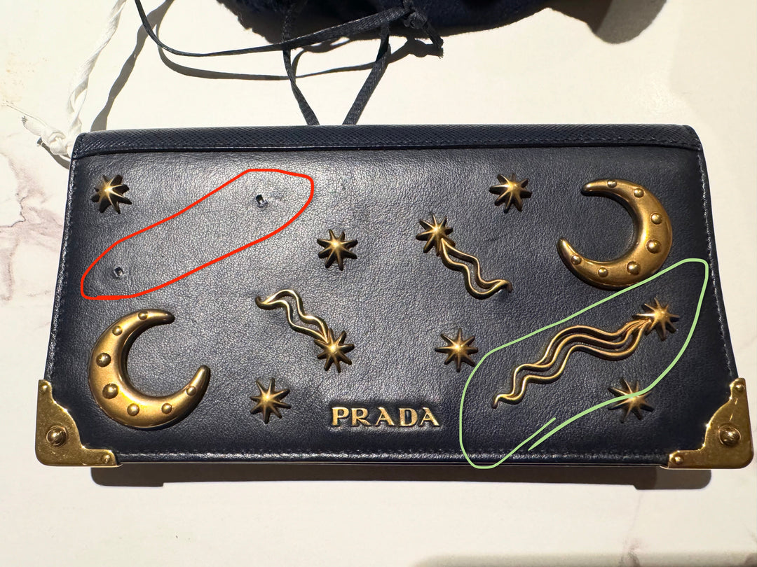 Vintage Prada wallet with missing hardware marked for custom replication and repair at Couture Jewelry NYC