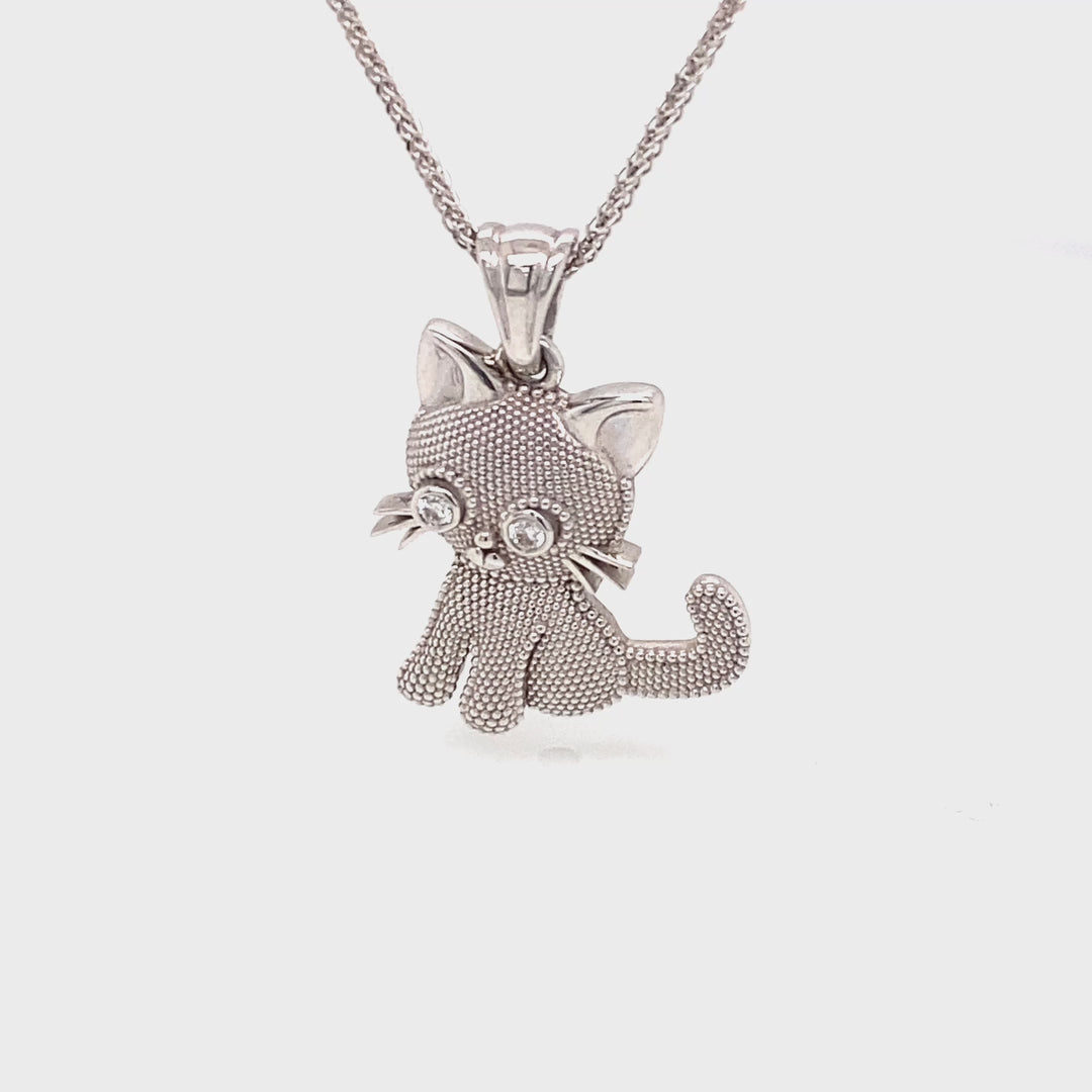 Adorable 14K White Gold Kitty Pendant Necklace with Diamond Eyes