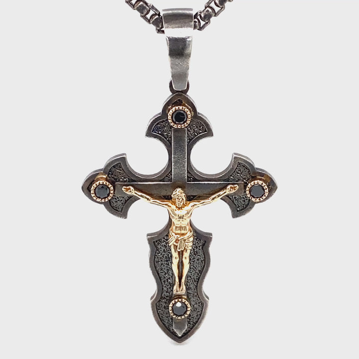 Sterling Silver & 14K Yellow Gold Crucifix Pendant with Black Diamonds