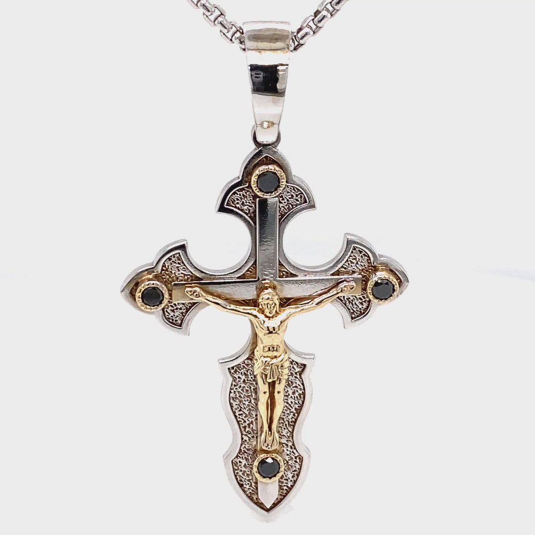 Gold Cross Pendant Necklace with Black Diamonds