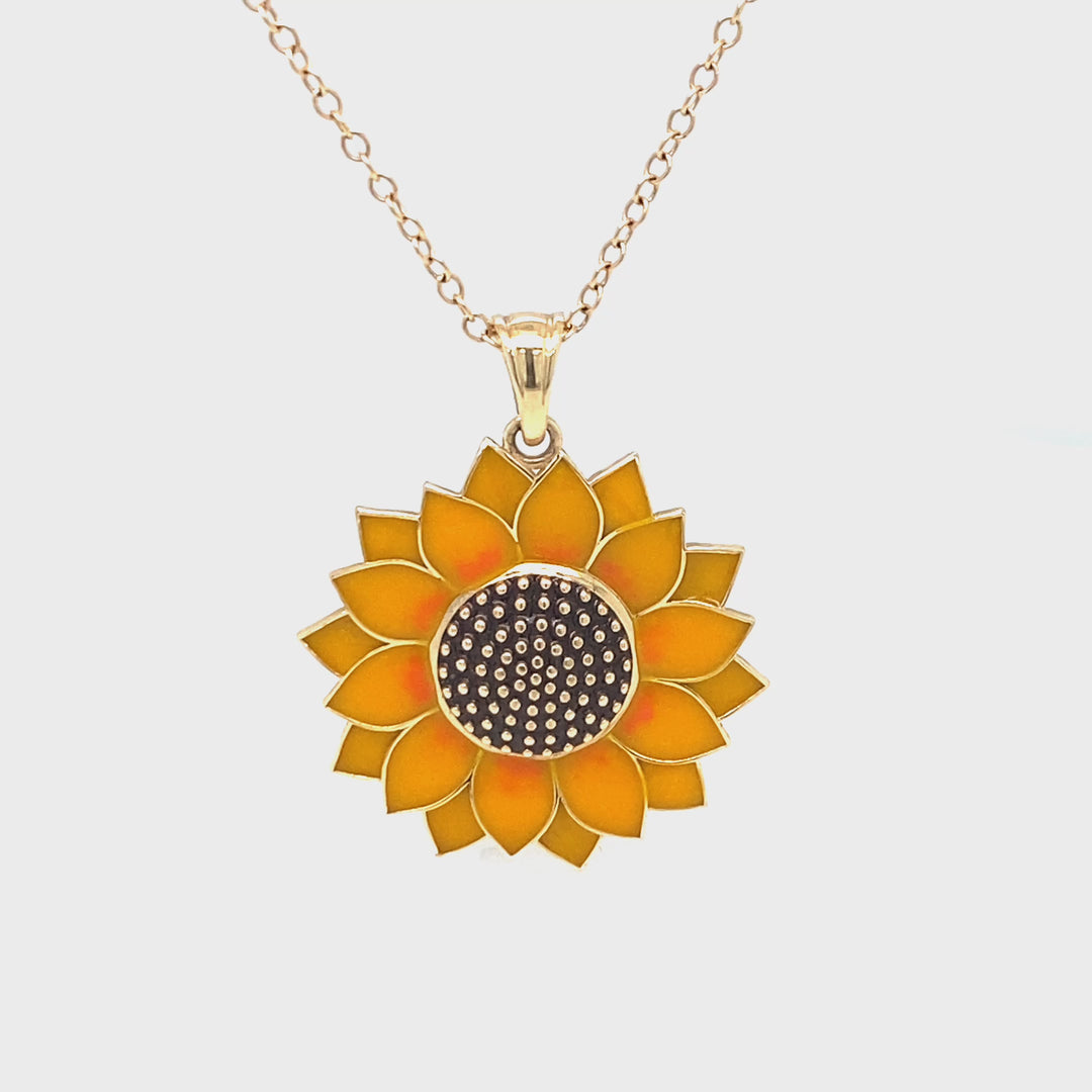 14K Yellow Gold Sunflower Enamel Pendant Necklace