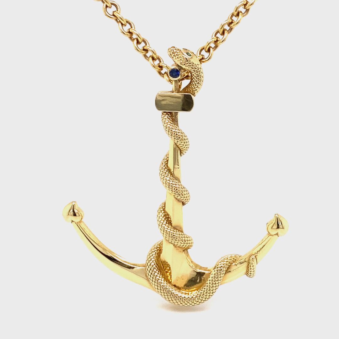 Anchor Pendant with Snake, Emeralds & Sapphire