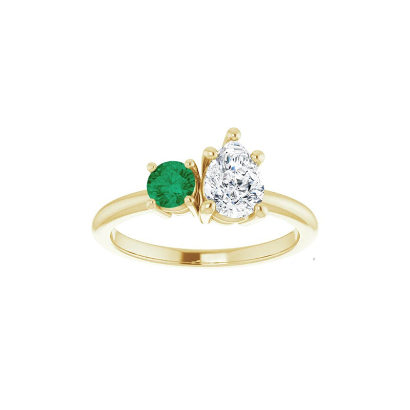 Natural Round Emerald & Par Shape Diamond Stackable Ring