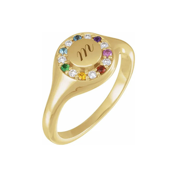 Engravable  Natural Multi-Gemstone & 1/10 CTW Natural Diamond Halo-Style Signet Ring