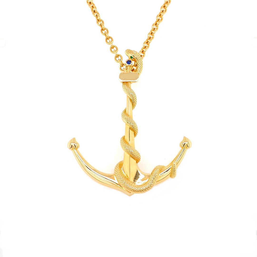 Anchor Pendant with Snake, Emeralds & Sapphire