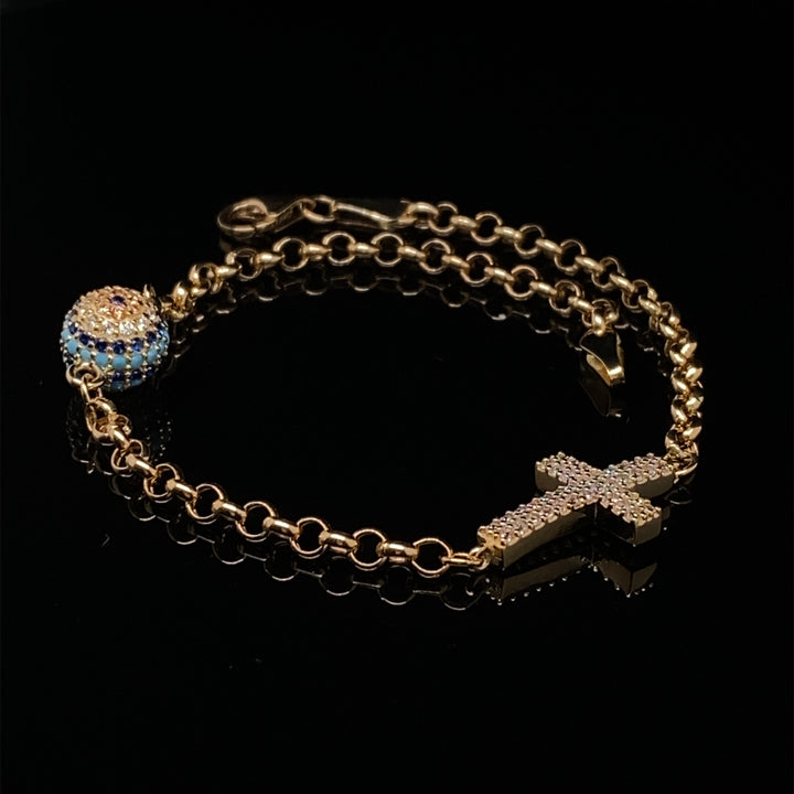 Evil Eye & Cross Link Bracelet in 14K Yellow Gold