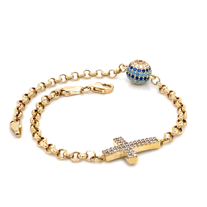 Evil Eye & Cross Link Bracelet in 14K Yellow Gold