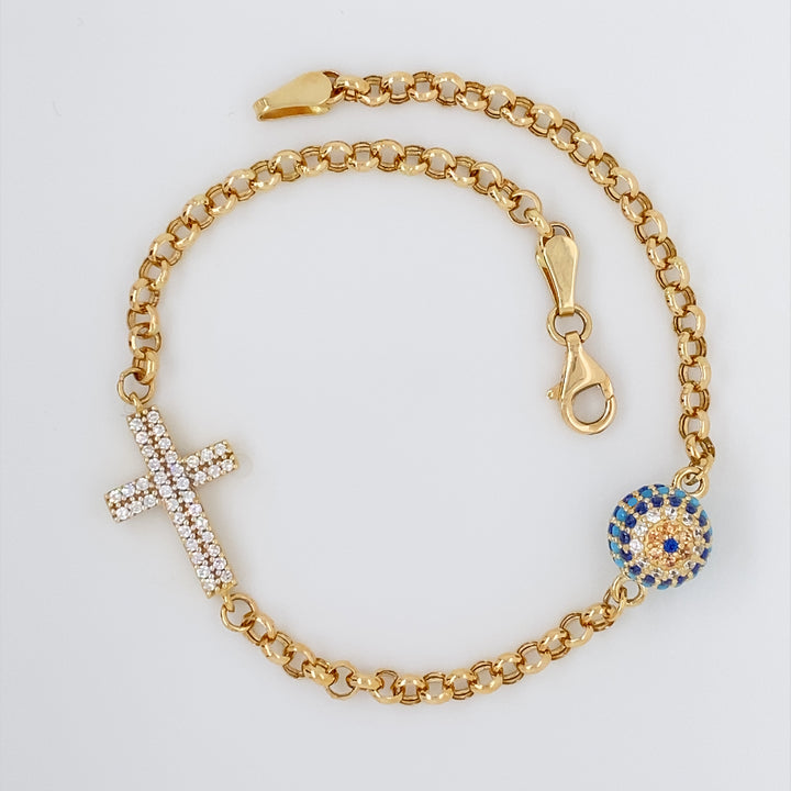 Evil Eye & Cross Link Bracelet in 14K Yellow Gold