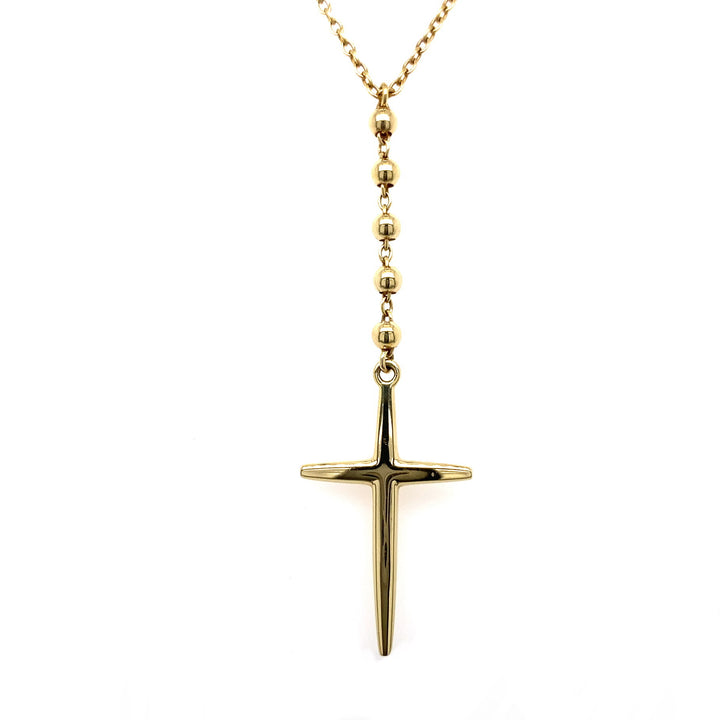 14k Yellow Gold Rosary Bead and Cross Necklace