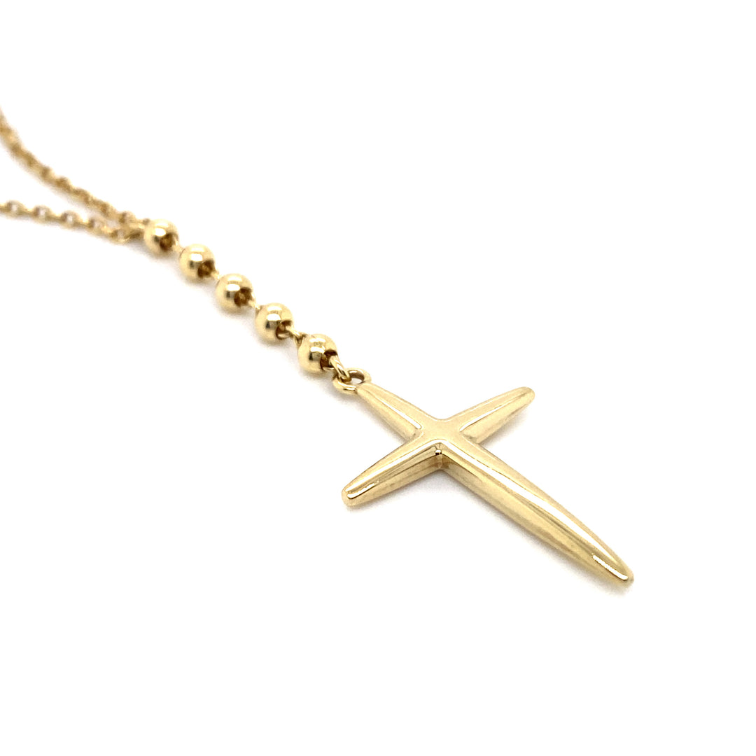 14k Yellow Gold Rosary Bead and Cross Necklace