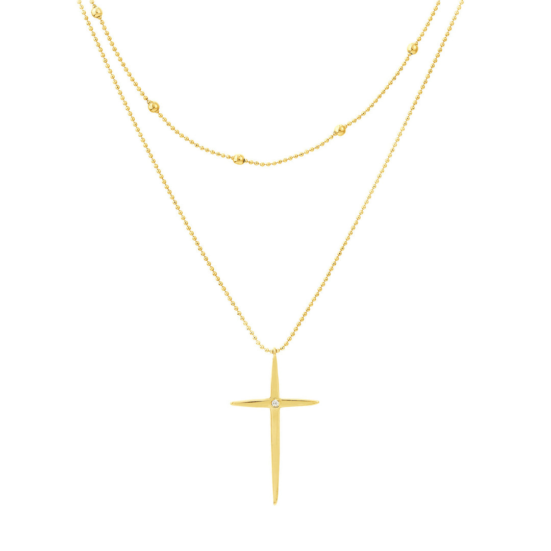 Bead and 1pt Diamond Cross Duo Necklace