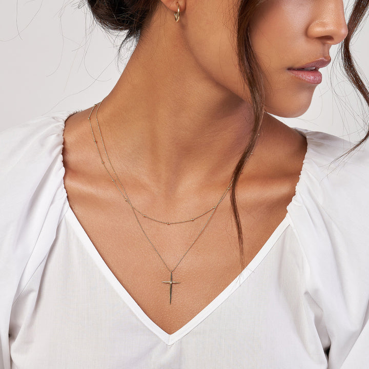 Bead and 1pt Diamond Cross Duo Necklace