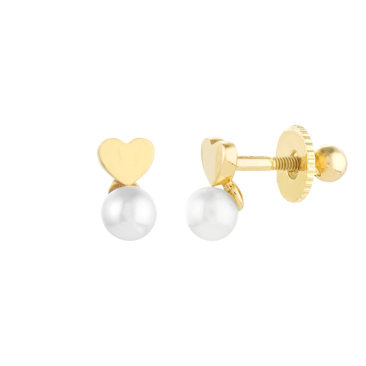 Screw Back Heart and Pearl Stud Earrings